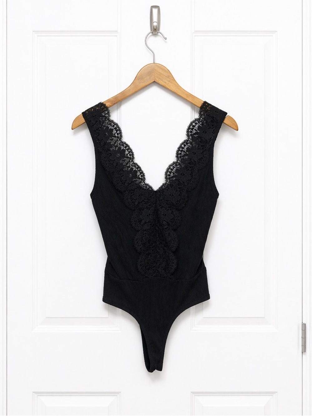 Lulu's Black Lace-Trim Ribbed Bodysuit